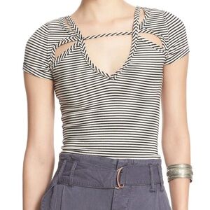 Free People Cut Out Black and White Stripped T-shirt